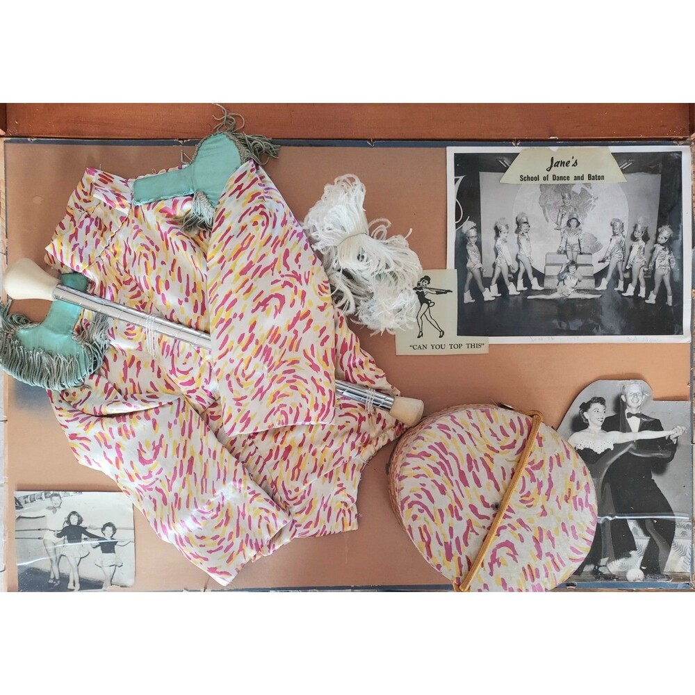 Vintage 1949 Girls Baton Recital Outfit - LS Bodysuit, Hat, Baton & Photos